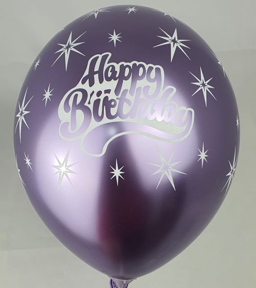 Луксозен хром Лилав балон с печат  Happy Birthday - размер 14"