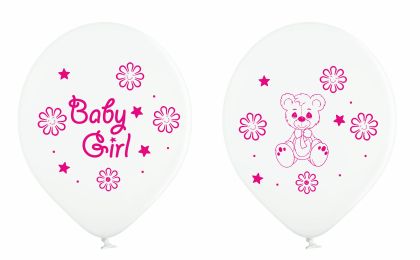 Нов модел!  Baby girl с меченце голям бял балон с печат от всички 4 страни - за момиче опаковка от 50 бр.