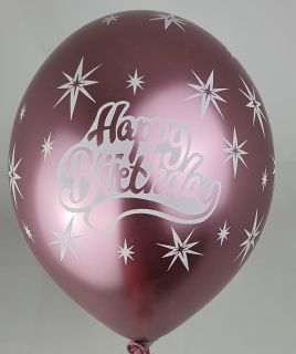 Луксозен хром Розов балон с печат  Happy Birthday - размер 14"