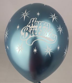 Луксозен хром Син балон с печат  Happy Birthday - размер 14"