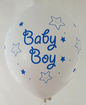 Нов модел!  Baby Boy с меченце голям  бял балон с печат от всички 4 страни - за момче - опаковка от 100 броя