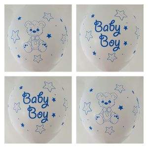 Нов модел!  Baby Boy с меченце голям  бял балон с печат от всички 4 страни - за момче - опаковка от 10 броя