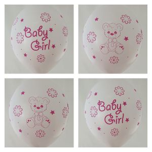 Нов модел!  Baby girl с меченце голям бял балон с печат от всички 4 страни - за момиче опаковка от 50 бр.