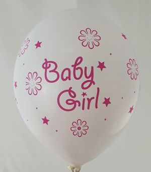 Нов модел!  Baby girl с меченце голям бял балон с печат от всички 4 страни - за момиче опаковка от 10 бр.
