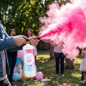 Парти спрей - Пожарогасител “BOY or GIRL“ розов прах за разкриване на пола на бебе